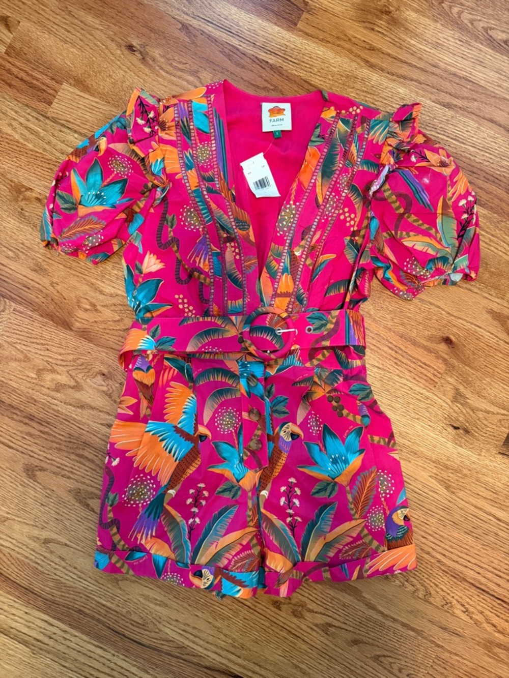 FARM Rio Fuchsia Tropical Floral Puff-Sleeve Romper with Belt